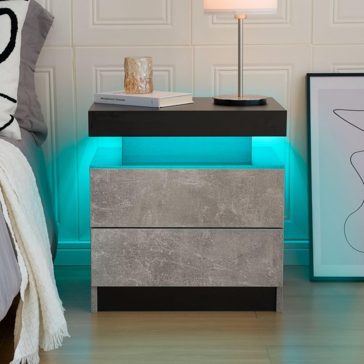 Bedside Table with 2 Drawers, LED Nightstand Wooden Cabinet Unit with LED Lights for Bedroom, End Table Side Table for Bedroom Living Room, Grey