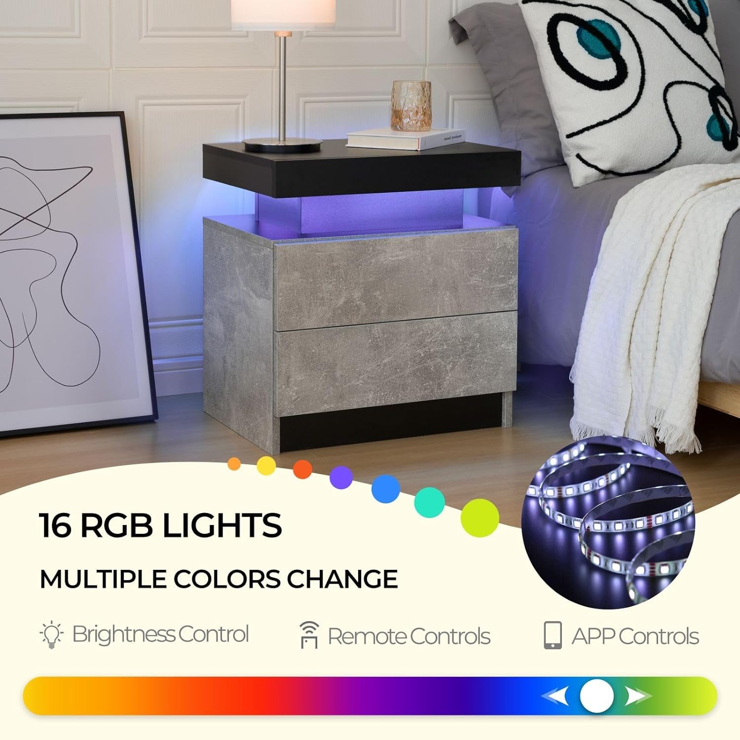 Bedside Table with 2 Drawers, LED Nightstand Wooden Cabinet Unit with LED Lights for Bedroom, End Table Side Table for Bedroom Living Room, Grey
